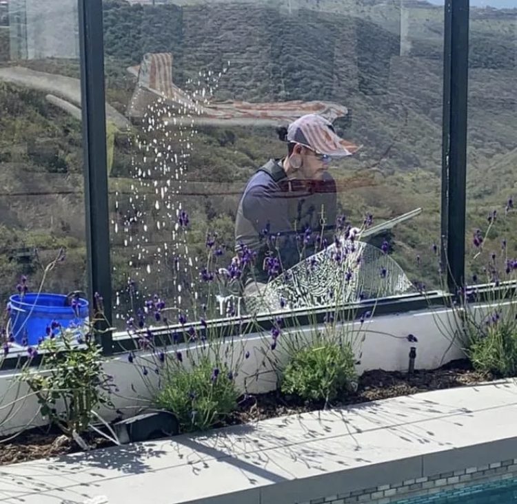 A man is watering flowers outside of a window.