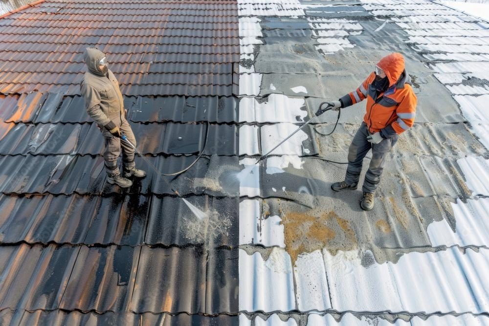 Two men cleaning a roof with pressure washers.