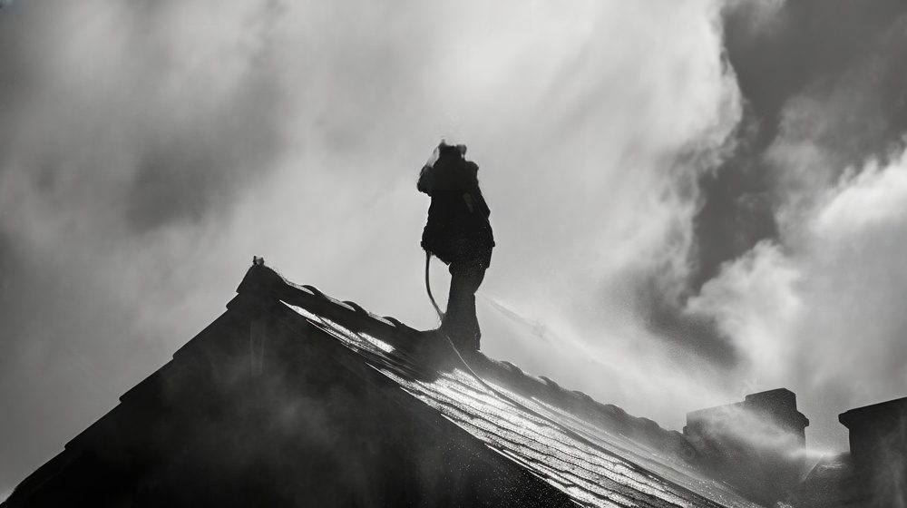 Silhouette of a person cleaning a roof.