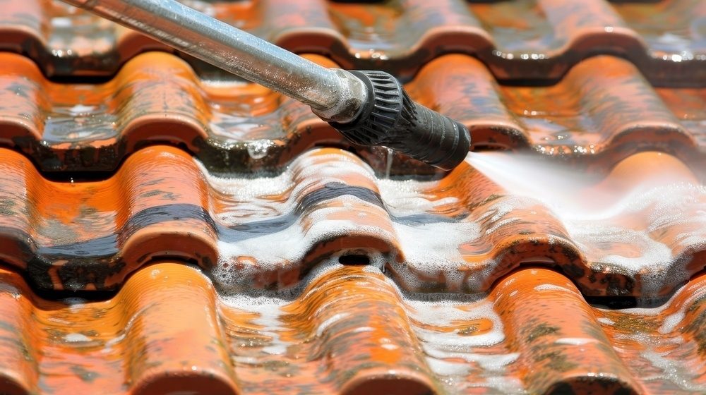 Pressure washing a tiled roof.