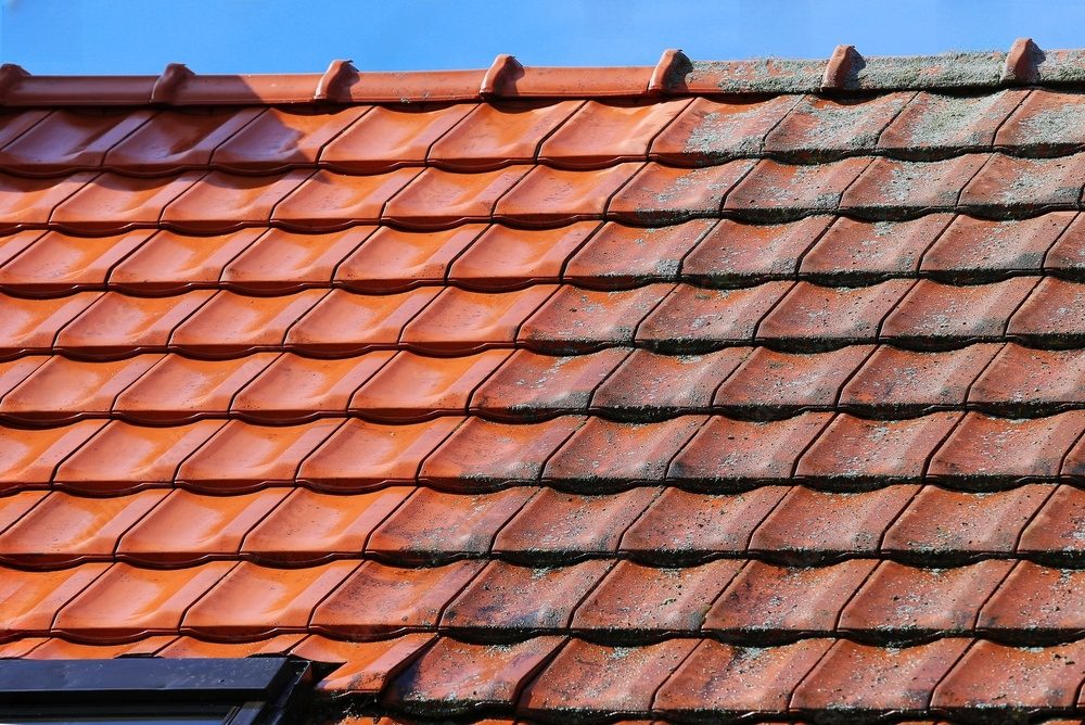 Red tile roof with moss and mildew.