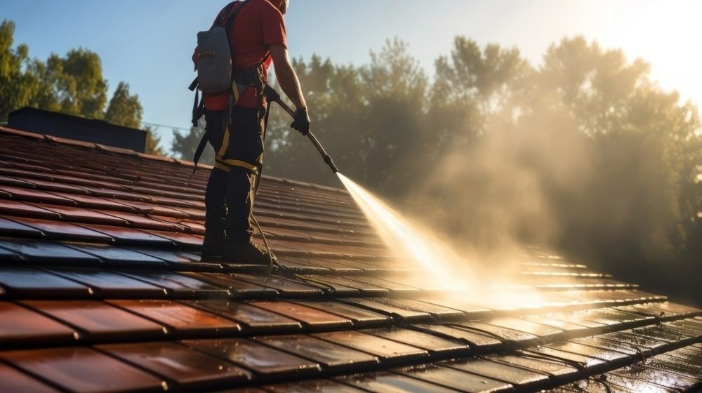 A man pressure washing a roof.