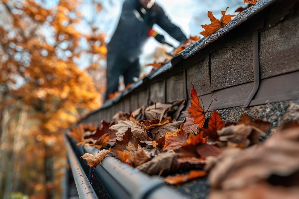 Fall leaves clogging a gutter.