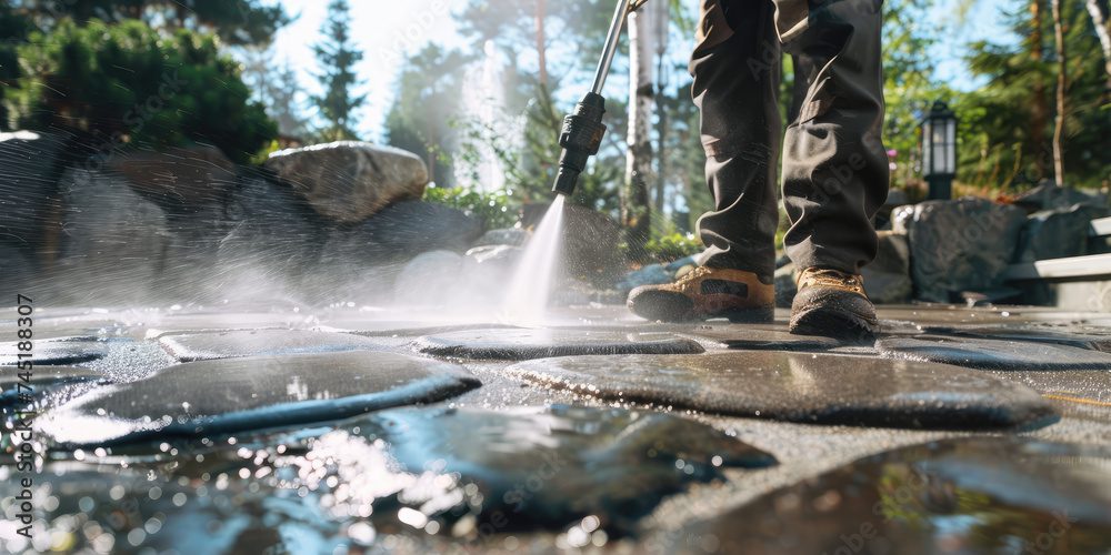 Person power washing stone patio in sunlight.