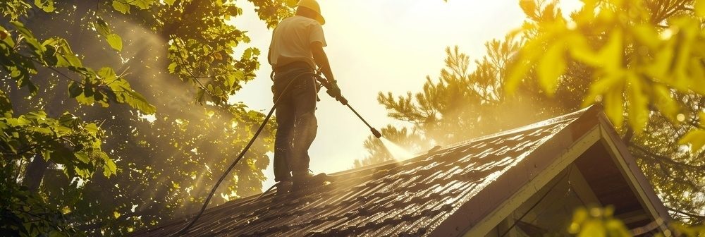 Man pressure washing a roof in sunlight.