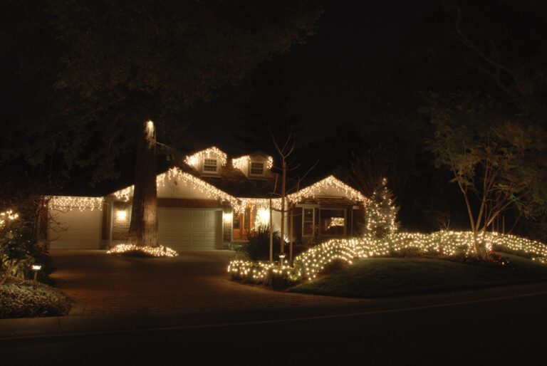 House decorated with Christmas lights.